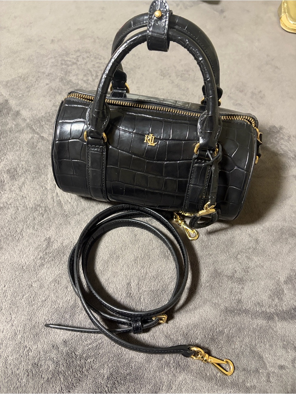 Ralph Lauren Black Croc-Embossed Mini Barrel Bag with Gold Hardware